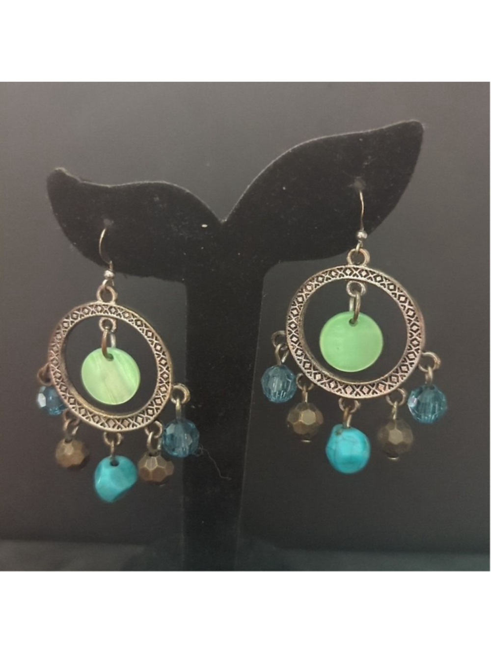 Silver Tone Blue and Green Shell and Bead Dangle Statement Earrings